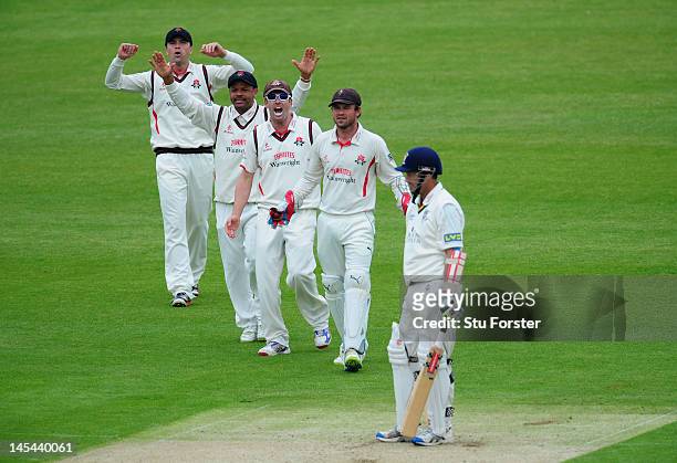 The Lancashire slip corden appeal in vain for the wicket of Durham batsman Dale Benkenstein during day one of the LV County Championship division one...