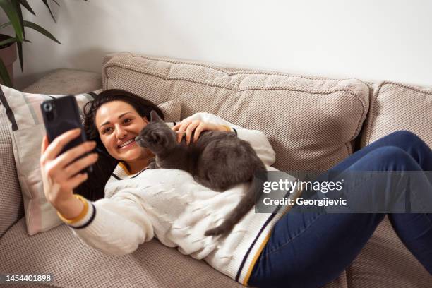 cat lover - cat selfie stock pictures, royalty-free photos & images