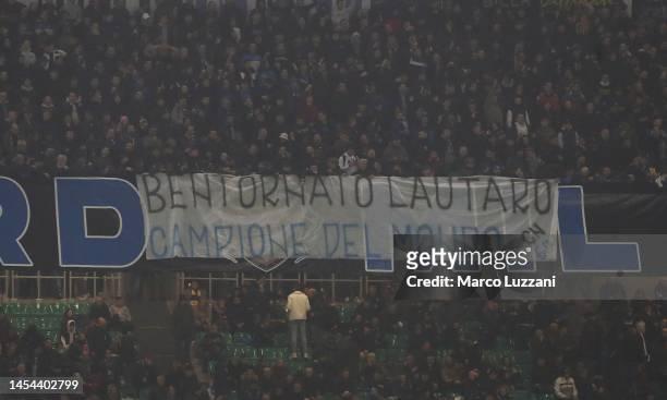 Internazionale fans display a giant banner for Lautaro Martinez before the Serie A match between FC Internazionale and SSC Napoli at Stadio Giuseppe...