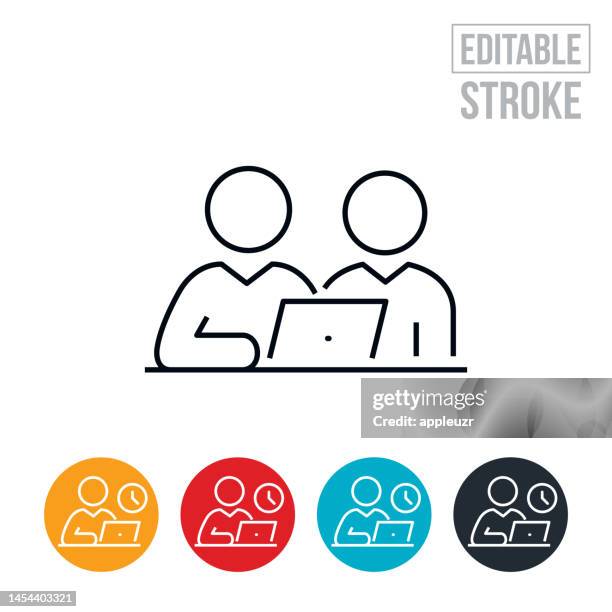 stockillustraties, clipart, cartoons en iconen met two business people working on laptop coordinating on a project thin line icon - editable stroke - two people