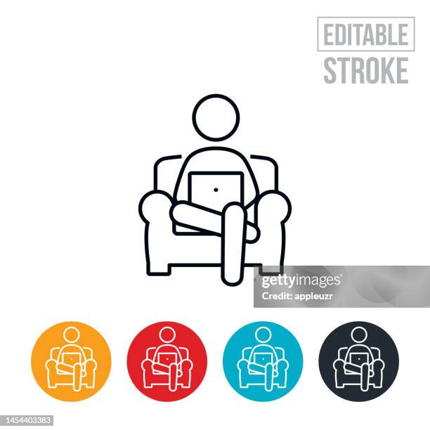 person sitting in an arm chair with laptop in lap thin line icon - editable stroke - teleworking icon stock illustrations