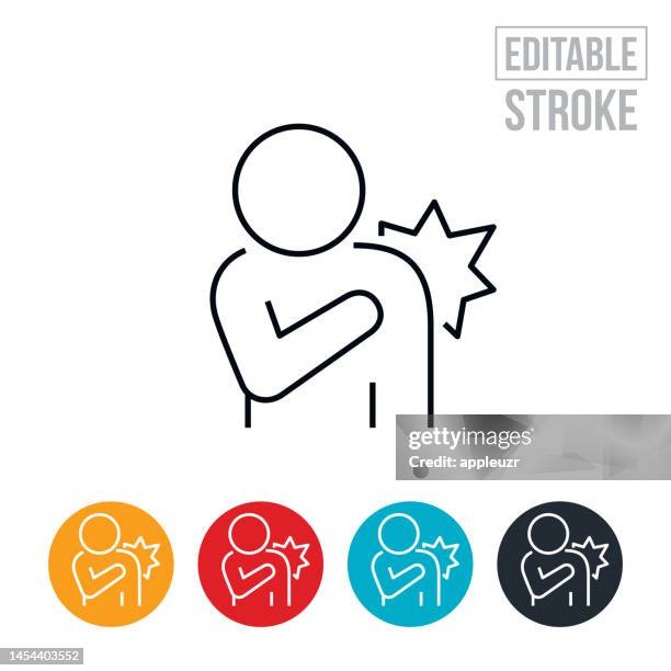 person holding shoulder in pain from injury thin line icon - editable stroke - muscle cramps stock illustrations