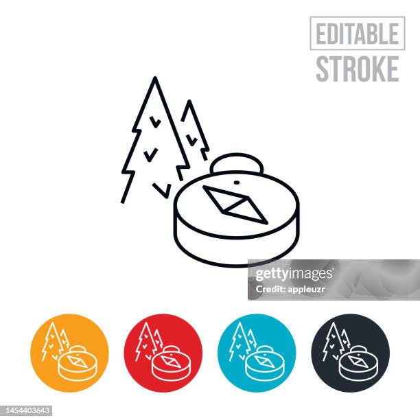 hiking compass and pine trees thin line icon - editable stroke - orienteering stock illustrations