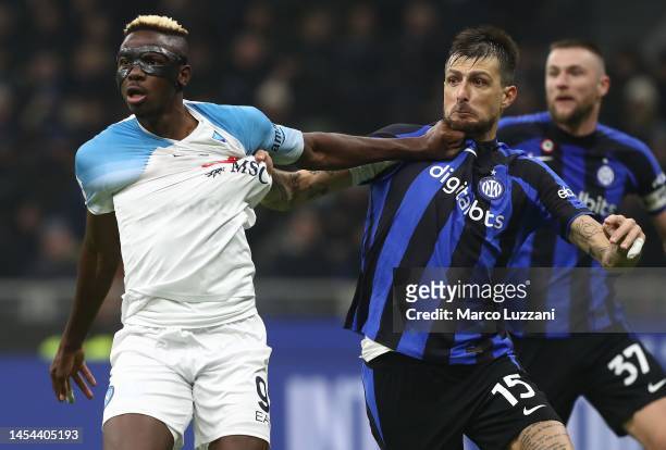 Francesco Acerbi of FC Internazionale competes with Victor Osimhen of SSC Napoli during the Serie A match between FC Internazionale and SSC Napoli at...