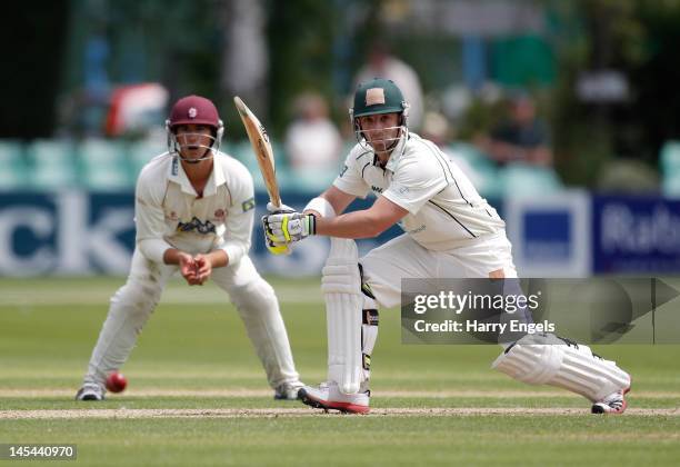 Phil Hughes of Worcestershire picks up some runs during the first day of the LV County Championship Division One match between Worcestershire and...