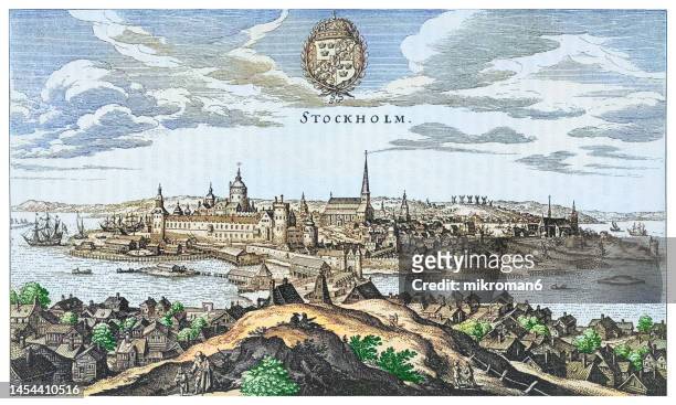 old engraved illustration of panorama of stockholm in the 17th century (capital and largest city of sweden) - river logo stock pictures, royalty-free photos & images