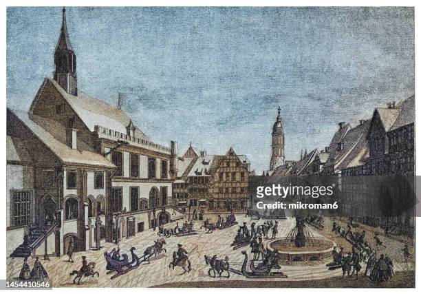 old engraved illustration of the market place in göttingen, germany, mid-18th century - göttingen stock-fotos und bilder
