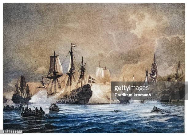 old engraved illustration of battle of køge bay, naval battle between denmark-norway and sweden, july 1677 during the scanian war - sail boom stock-fotos und bilder