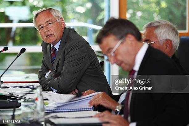 Horst R Schmidt speaks during a board meeting of the DFB foundation Egidius Braun at the DFB headquarter on May 30, 2012 in Frankfurt am Main,...