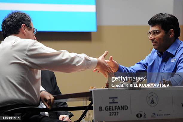 World chess champion, India's Vishwanathan Anand , shakes hands with Israel's Boris Gelfand after a tie-break of FIDE World chess championship match...