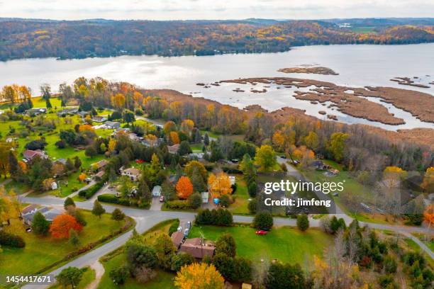 aerial rice lake and trent river, hastings, canada - peterborough ontario stockfoto's en -beelden