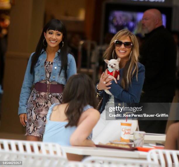 Constance Wu and Jennifer Lopez are seen on the set of Hustlers on Long Island on March 29, 2019 in New York City.