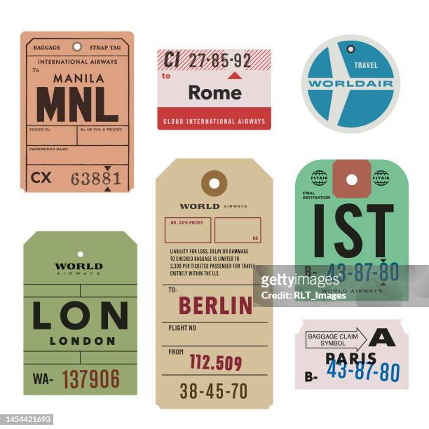 vintage world travel gepäckanhänger - travel stock-grafiken, -clipart, -cartoons und -symbole