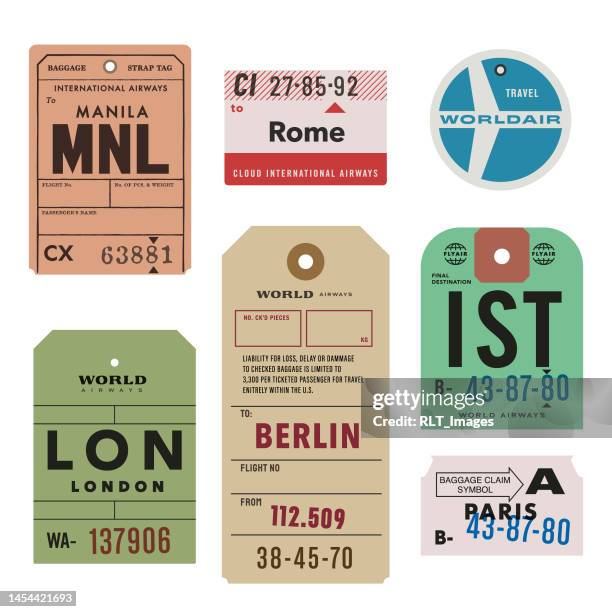 bildbanksillustrationer, clip art samt tecknat material och ikoner med vintage world travel luggage tags - bagagelapp