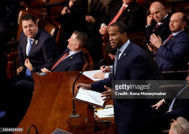 Rep.-elect John James delivers remarks in the House Chamber during the third day of elections for Speaker of the House at the U.S. Capitol Building...