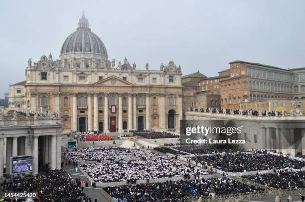 View of the funeral ceremony for Pope Emeritus Benedict XVI at St. Peter's square on January 5, 2023 in Vatican City, Vatican. Former Pope Benedict...