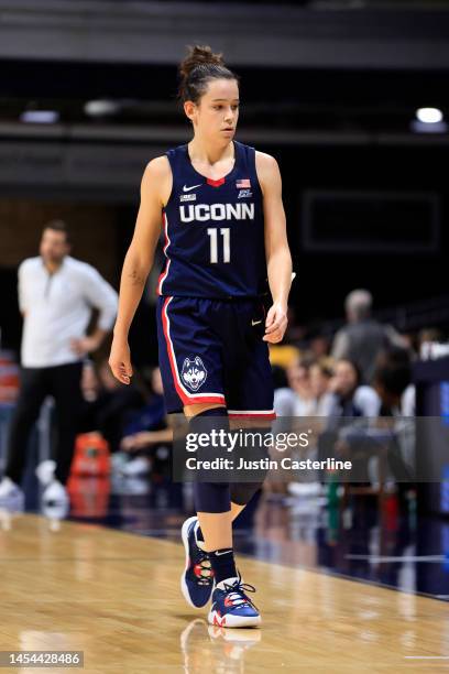 Lou Lopez Senechal of the UConn Huskies walks up the court in the game against the Butler Bulldogs during the second half at Hinkle Fieldhouse on...