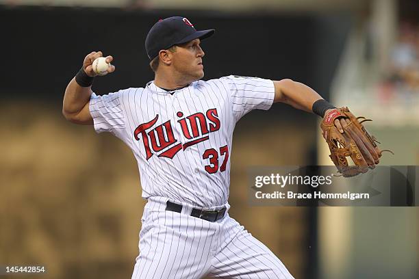 Sean Burroughs of the Minnesota Twins throws against the Boston Red Sox on April 25, 2012 at Target Field in Minneapolis, Minnesota. The Red Sox...