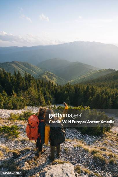 backpackers take photo  on mountain slope above valley - escape rom stock pictures, royalty-free photos & images