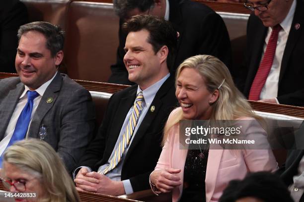 Rep. Mike Garcia , Rep.-elect Matt Gaetz and Rep.-elect Marjorie Taylor Greene sit together in the House Chamber during the third day of elections...