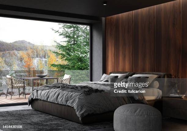 luxurious and dark  apartment master bedroom interior - vegetação mediterranea imagens e fotografias de stock