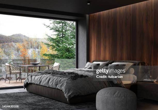 luxurious and dark apartment master bedroom interior - sovrum bildbanksfoton och bilder