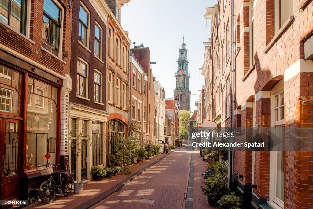 Amsterdam street and Westerkerk church, Holland, Netherlands