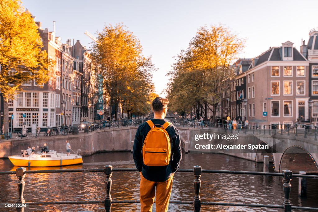 Rear view of a man looking at Amsterdam canal on a sunny day, Netherlands