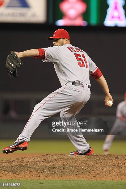 Jordan Walden of the Los Angeles Angels pitches against the Minnesota Twins on May 7, 2012 at Target Field in Minneapolis, Minnesota. The Angels...
