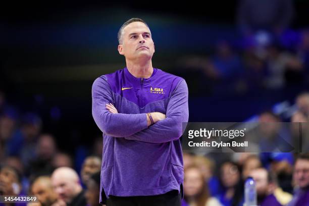 Head coach Matt McMahon of the LSU Tigers looks on in the first half against the Kentucky Wildcats at Rupp Arena on January 03, 2023 in Lexington,...