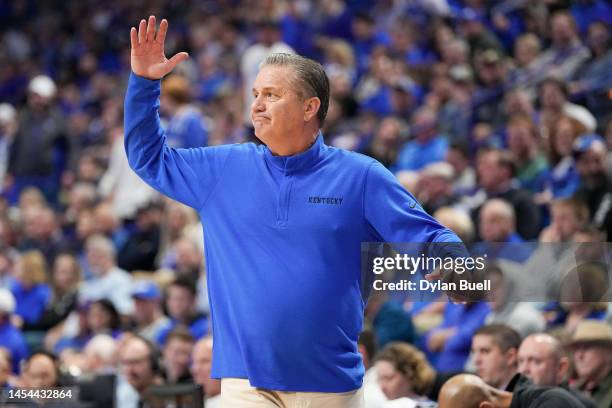 Head coach John Calipari of the Kentucky Wildcats reacts in the first half against the LSU Tigers at Rupp Arena on January 03, 2023 in Lexington,...