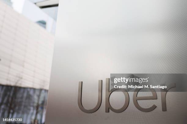 The Uber logo is seen at the Uber Headquarters on January 05, 2023 in New York City. Uber drivers in NYC participated in a 24-hour strike outside of...