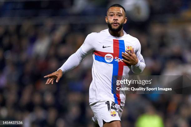 Memphis Depay of FC Barcelona looks on during the Copa Del Rey Round of 32 match between Intercity and FC Barcelona at Estadio Jose Rico Perez on...