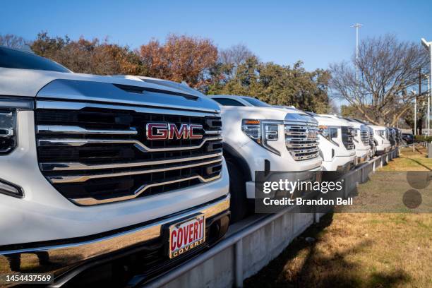 Pickup trucks are displayed for sale on a lot at a General Motors dealership on January 05, 2023 in Austin, Texas. General Motors has reclaimed its...