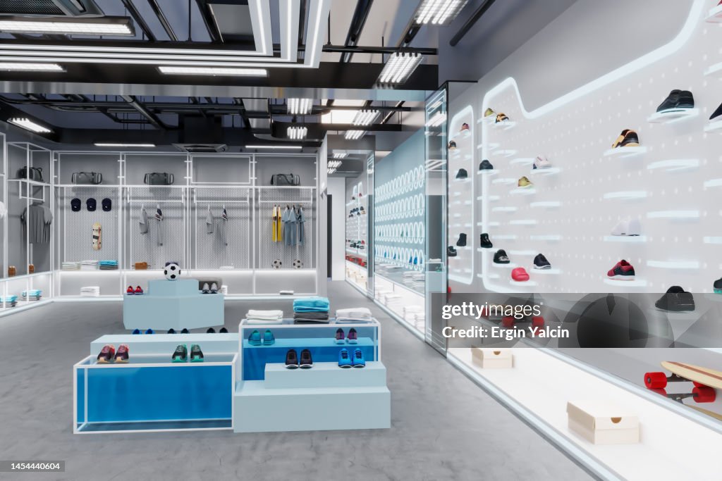 Sports Shop Interior With Sports Balls, Sneakers And Sportswear