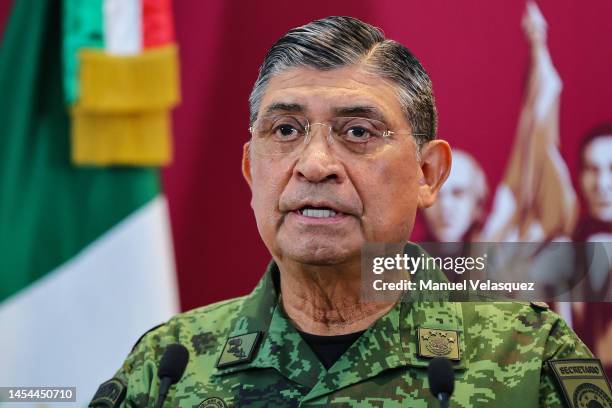 Secretary of Defense, Luis Cresencio Sandoval speaks during a press conference to provide details after the arrest of Sinaloa Cartel leader Ovidio...