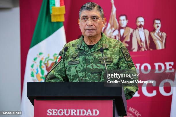 Secretary of Defense, Luis Cresencio Sandoval speaks during a press conference to provide details after the arrest of Sinaloa Cartel leader Ovidio...
