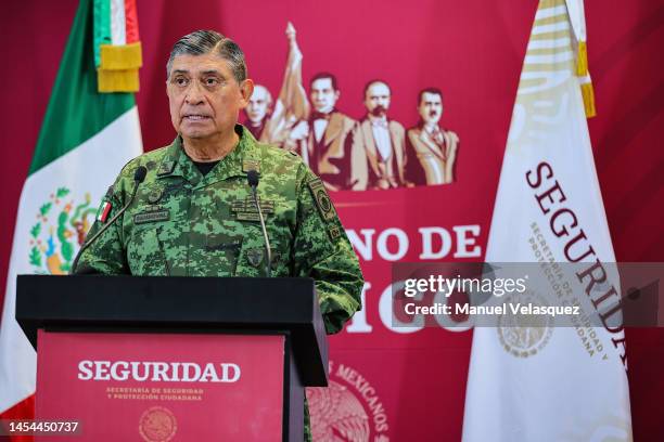 Secretary of Defense, Luis Cresencio Sandoval speaks during a press conference to provide details after the arrest of Sinaloa Cartel leader Ovidio...