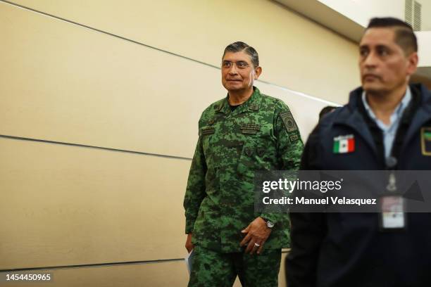 Secretary of Defense Luis Cresencio Sandoval arrives to a press conference to provide details after the arrest of Sinaloa Cartel leader Ovidio "El...