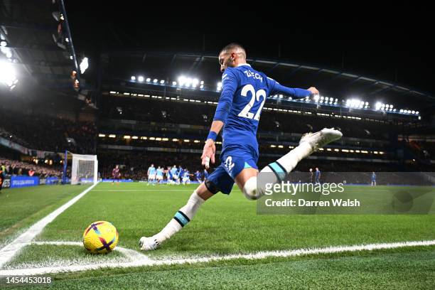 General view as Hakim Ziyech of Chelsea takes a corner kick during the Premier League match between Chelsea FC and Manchester City at Stamford Bridge...