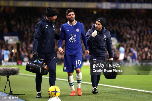 Christian Pulisic of Chelsea looks on after leaving the field following medical treatment, shortly before being replaced by substitute Carney...