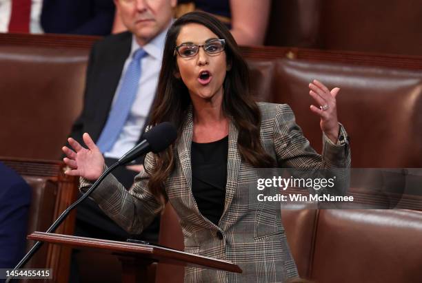 Rep.-elect Lauren Boebert delivers remarks in the House Chamber during the third day of elections for Speaker of the House at the U.S. Capitol...