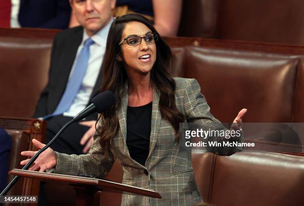 Rep.-elect Lauren Boebert delivers remarks in the House Chamber during the third day of elections for Speaker of the House at the U.S. Capitol...