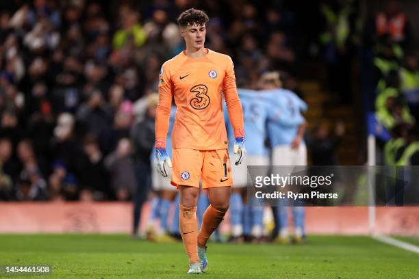 Kepa Arrizabalaga of Chelsea looks dejected after Riyad Mahrez of Manchester City scores the team's first goal during the Premier League match...