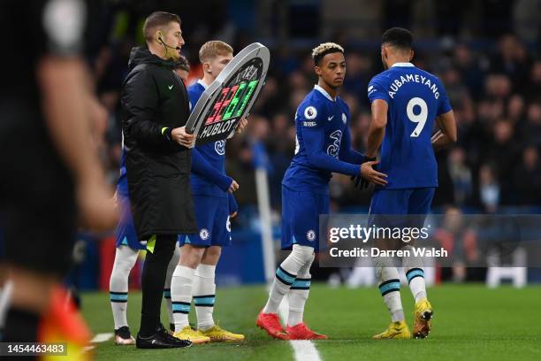 Omari Hutchinson of Chelsea comes on as a substitute as they replace Pierre-Emerick Aubameyang during the Premier League match between Chelsea FC and...