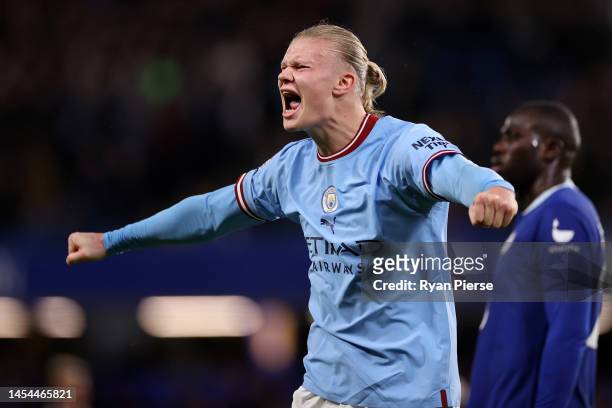 Erling Haaland of Manchester City celebrates the side's win after the Premier League match between Chelsea FC and Manchester City at Stamford Bridge...