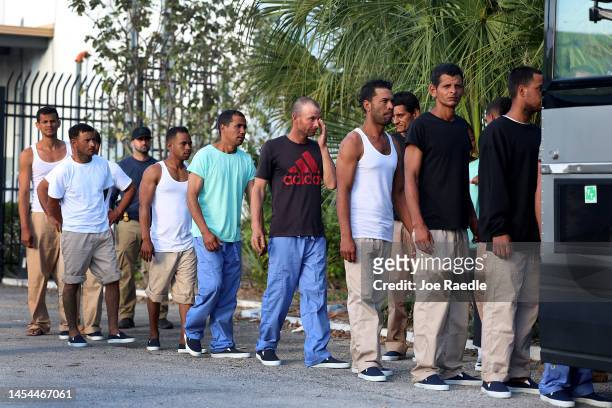 Migrants from Cuba line up to board a bus to be driven to a U.S. Customs and Border Protection station as they are processed on January 05, 2023 in...