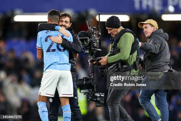 Goalscorer Riyad Mahrez of Manchester City receives a hug from team-mate Bernado Silva after their sides 1-0 win during the Premier League match...