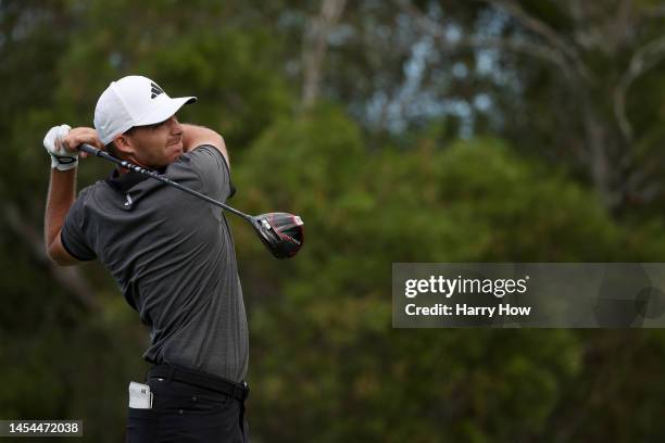 Aaron Wise of the United States plays his shot from the fourth tee during the first round of the Sentry Tournament of Champions at Plantation Course...