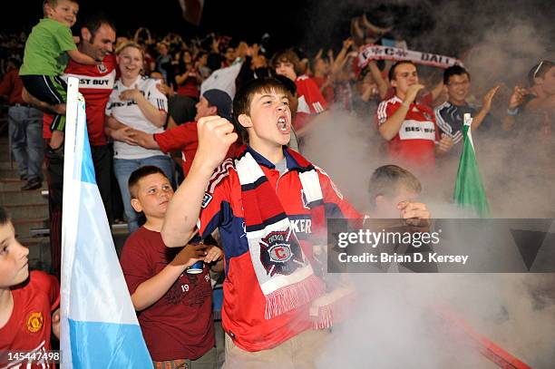 Chicago Fire fans celebrate a goal by Marco Pappa of the Chicago Fire against FC Dallas at Toyota Park on May 23, 2012 in Bridgeview, Illinois. The...